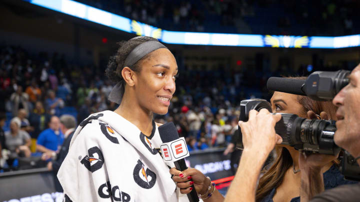 Sep 29, 2023; Arlington, Texas, USA; Las Vegas Aces forward A'ja Wilson (22) is interviewed after the Aces victory over the Dallas Wings during game three of the 2023 WNBA Playoffs at College Park Center. Mandatory Credit: Jerome Miron-USA TODAY Sports
