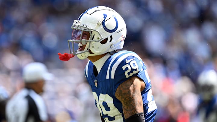 Sep 8, 2024; Indianapolis, Indiana, USA; Indianapolis Colts cornerback JuJu Brents (29) celebrates a stop during the second half against the Houston Texans at Lucas Oil Stadium. Mandatory Credit: Marc Lebryk-Imagn Images