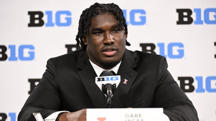 Jul 23, 2024; Indianapolis, IN, USA; Illinois Fighting Illini outside linebacker Gabe Jacas speaks to the media during the Big 10 football media day at Lucas Oil Stadium. Mandatory Credit: Robert Goddin-USA TODAY Sports