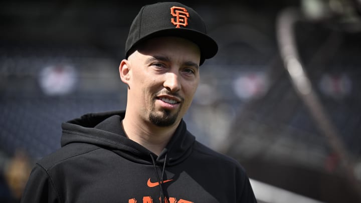 Mar 28, 2024; San Diego, California, USA; San Francisco Giants starting pitcher Blake Snell (7) looks on before the game against the San Diego Padres at Petco Park