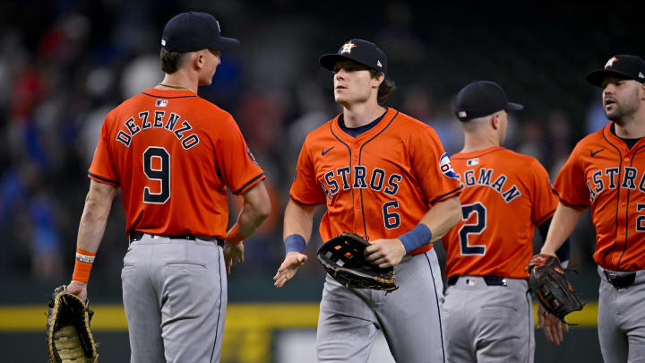 Aug 7, 2024; Arlington, Texas, USA;  Houston Astros players celebrate after a win.