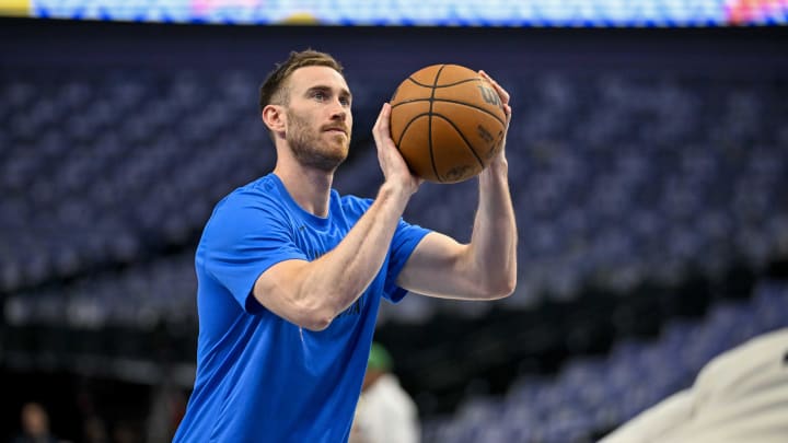 May 13, 2024; Dallas, Texas, USA; Oklahoma City Thunder forward Gordon Hayward (33) warms up before the game between the Dallas Mavericks and the Oklahoma City Thunder in game four of the second round for the 2024 NBA playoffs at American Airlines Center. Mandatory Credit: Jerome Miron-USA TODAY Sports