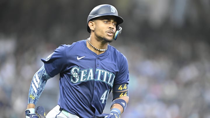 Seattle Mariners center fielder Julio Rodriguez rounds the bases after hitting a solo home run against the San Diego Padres on June 9.