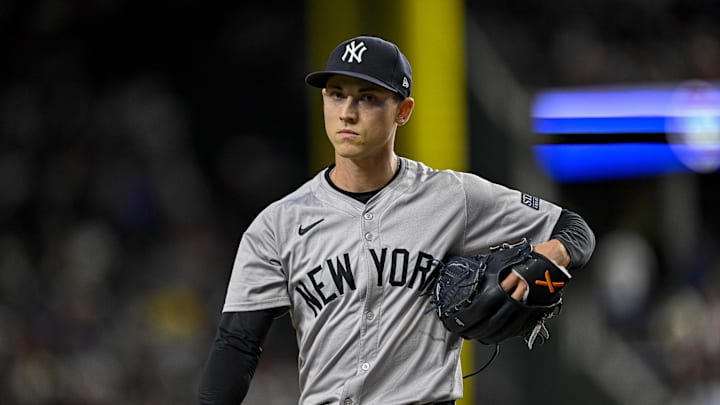 New York Yankees relief pitcher Luke Weaver (30) in action during the game between the Texas Rangers and the New York Yankees at Globe Life Field on Sept 2.