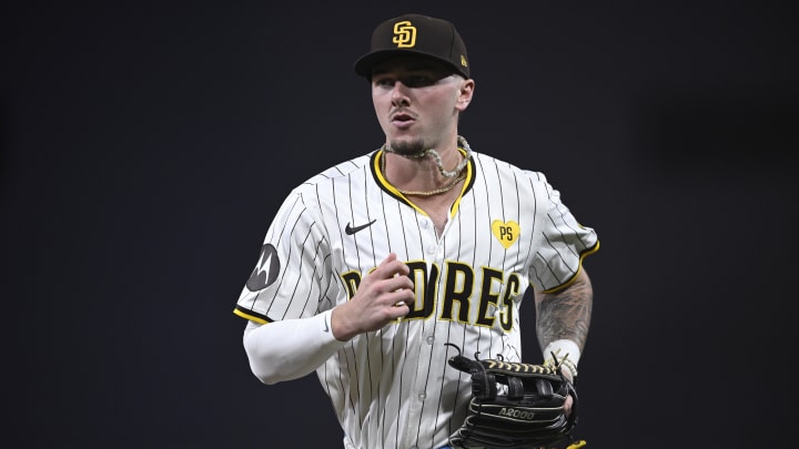 Aug 12, 2024; San Diego, California, USA; San Diego Padres center fielder Jackson Merrill (3) runs to the dugout during the eighth inning against the Pittsburgh Pirates at Petco Park. Mandatory Credit: Orlando Ramirez-USA TODAY Sports