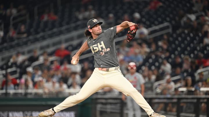 Jul 5, 2024; Washington, District of Columbia, USA; Washington Nationals relief pitcher Kyle Finnegan (67) throws a pitch against the St. Louis Cardinals during the ninth inning at Nationals Park. Mandatory Credit: Rafael Suanes-USA TODAY Sports