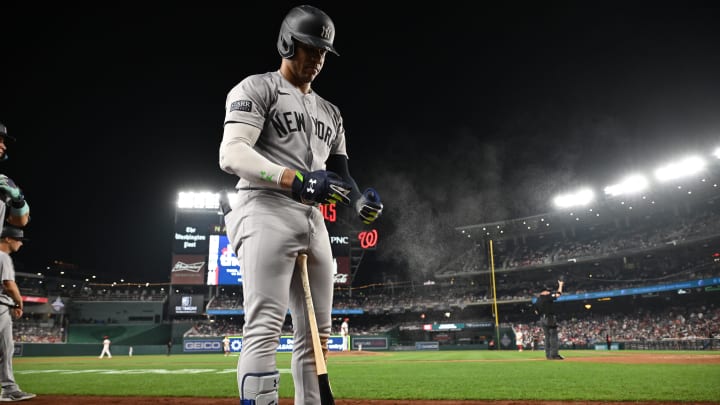 Aug 26, 2024; Washington, District of Columbia, USA; New York Yankees right fielder Juan Soto (22) prepares for an at bat against the Washington Nationals during the ninth inning at Nationals Park. Mandatory Credit: Rafael Suanes-USA TODAY Sports