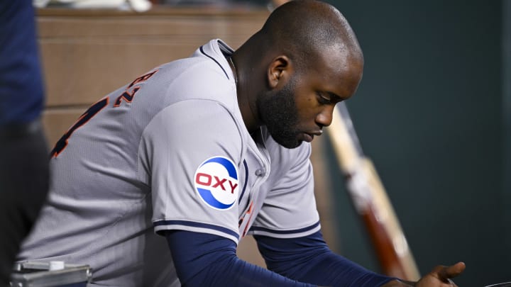 Aug 5, 2024; Arlington, Texas, USA; Houston Astros designated hitter Yordan Alvarez (44) checks the team computer during the third inning against the Texas Rangers at Globe Life Field. Mandatory Credit: Jerome Miron-USA TODAY Sports