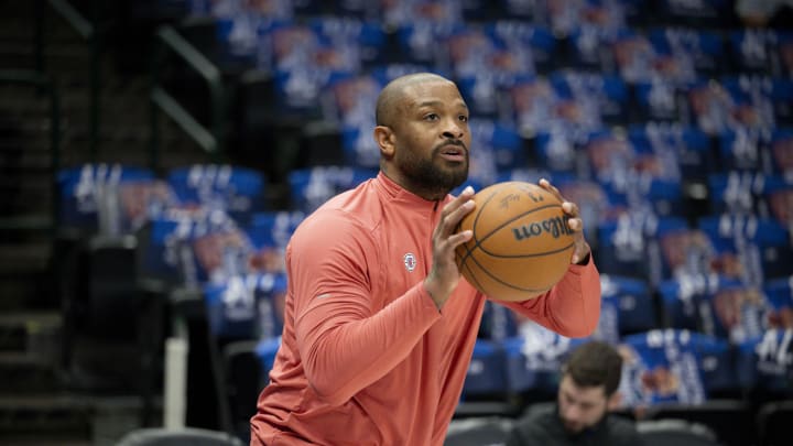 May 3, 2024; Dallas, Texas, USA; LA Clippers forward P.J. Tucker (17) warms up before the game between the Dallas Mavericks and the LA Clippers in game six of the first round for the 2024 NBA playoffs at American Airlines Center. Mandatory Credit: Jerome Miron-USA TODAY Sports