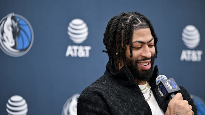 Feb 7, 2025; Dallas, TX, USA; Dallas Mavericks forward Anthony Davis speaks to the media during a press conference at the Dallas Mavericks practice facility. Mandatory Credit: Jerome Miron-Imagn Images