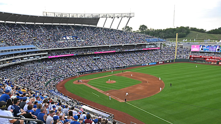 Jul 27, 2024; Kansas City, Missouri, USA;  A general view of  Kauffman Stadium during a game between the Kansas City Royals and Chicago Cubs. Mandatory Credit: Peter Aiken-Imagn Images