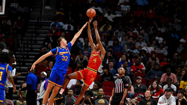 Apr 2, 2024; Houston, TX, USA; McDonald's All American East forward Cooper Flagg (32) attempts to block McDonald's All American West forward Airious Bailey (4) shot during the first half at Toyota Center. Mandatory Credit: Maria Lysaker-USA TODAY Sports