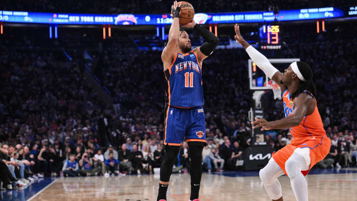 Mar 31, 2024; New York, New York, USA; New York Knicks guard Jalen Brunson (11) shoots the ball