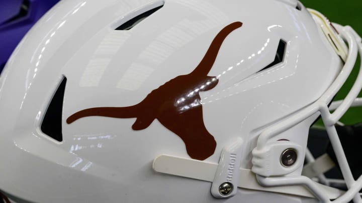 Jul 14, 2022; Arlington, TX, USA; A view of the Texas Longhorns helmet logo during the Big 12 Media Day at AT&T Stadium. Mandatory Credit: Jerome Miron-USA TODAY Sports