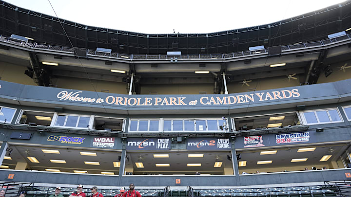 The press box prior to a game between the Baltimore Orioles and the New York Yankees at Oriole Park at Camden Yards in 2022.
