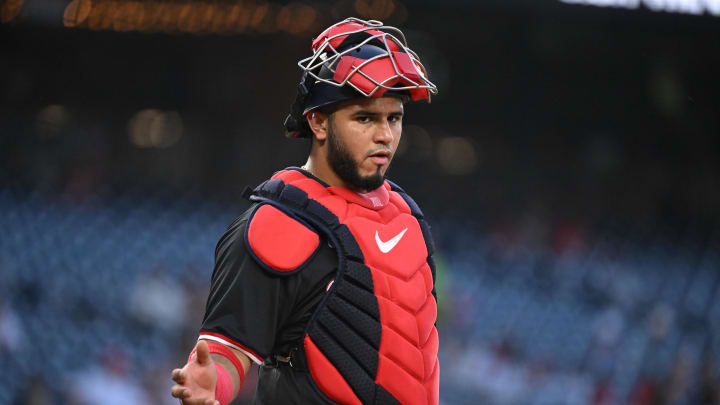 Aug 5, 2024; Washington, District of Columbia, USA; Washington Nationals catcher Keibert Ruiz (20) looks back towards the dugout against the San Francisco Giants during the fifth inning at Nationals Park. 