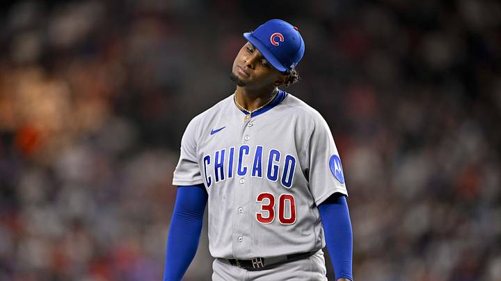 May 9, 2026; Arlington, Texas, USA; Chicago Cubs starting pitcher Edward Cabrera (30) comes off the field after pitching against the Texas Rangers during the fourth inning at Globe Life Field. Mandatory Credit: Jerome Miron-Imagn Images