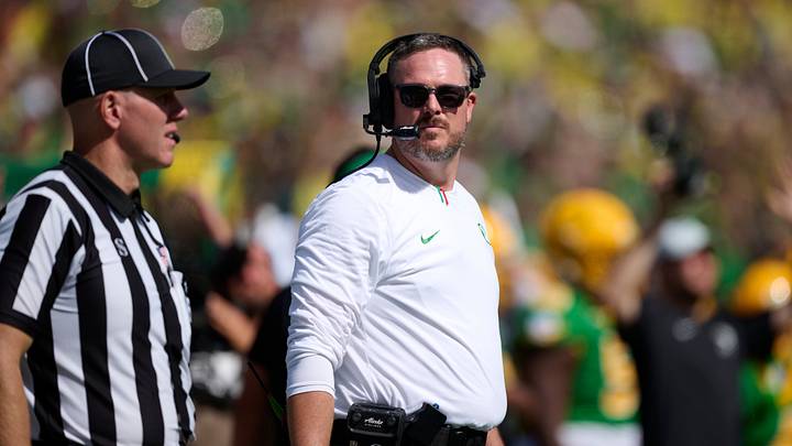 Sep 5, 2026; Eugene, Oregon, USA; Oregon Ducks head coach Dan Lanning asks for a video review during the second half in a game against the Boise State Broncos at Autzen Stadium. Mandatory Credit: Troy Wayrynen-Imagn Images