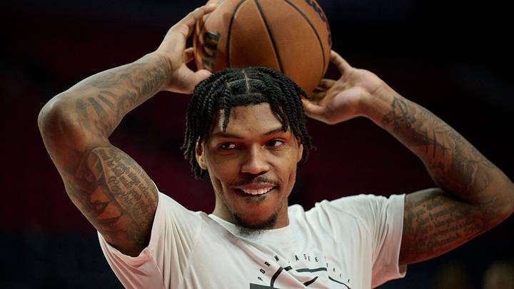 Feb 1, 2026; Portland, Oregon, USA; Portland Trail Blazers guard Caleb Love (2) warms up before a game against the Cleveland Cavaliers at Moda Center. Mandatory Credit: Troy Wayrynen-Imagn Images
