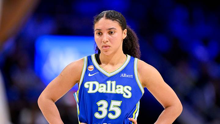 May 28, 2026; Arlington, Texas, USA; Dallas Wings guard Azzi Fudd (35) looks on during the game between the Wings and the Aces at College Park Center. Mandatory Credit: Jerome Miron-Imagn Images