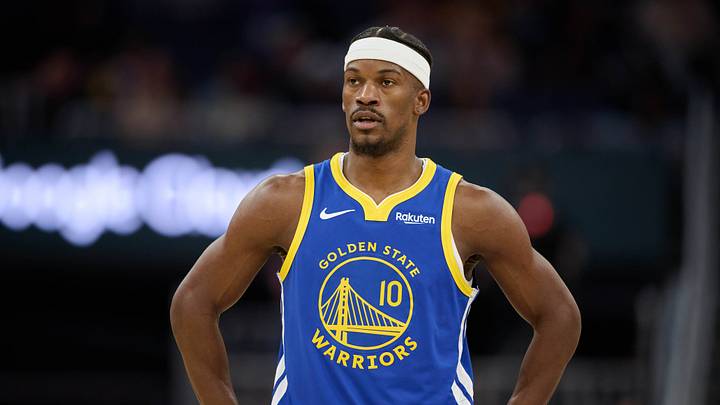 San Francisco, California, USA; Golden State Warriors forward Jimmy Butler III (10) looks on against the Milwaukee Bucks during the third quarter at Chase Center. Mandatory Credit: Robert Edwards-Imagn Images