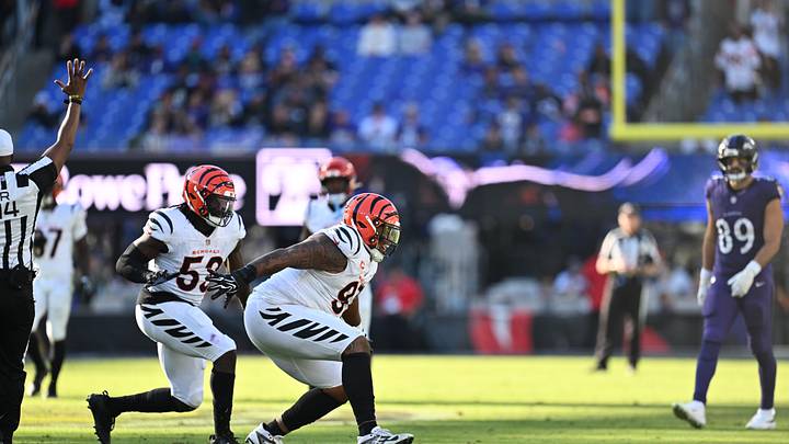 Oct 25, 2026; Baltimore, Maryland, USA;  Cincinnati Bengals defensive tackle Dexter Lawrence II (97) celebrates after sacking Baltimore Ravens quarterback Tyler Huntley (5) (not pictured) during the second half at M&T Bank Stadium.  Mandatory Credit: Jamie Sabau-Imagn Images