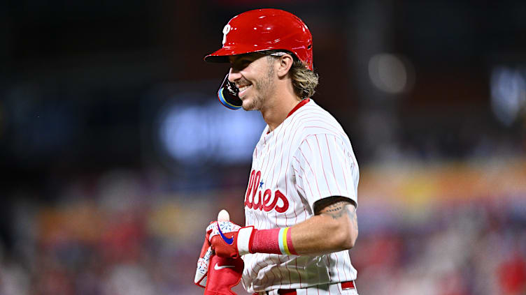 Aug 29, 2023; Philadelphia, Pennsylvania, USA; Philadelphia Phillies second baseman Bryson Stott (5)