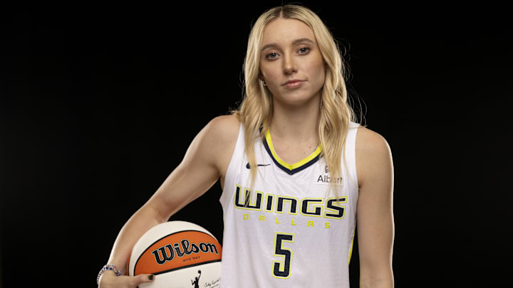 Dallas Wings guard Paige Bueckers poses for a photo during the 2025 Dallas Wings Media Day. Dallas Wings guard Paige Bueckers poses for a photo during the 2025 Dallas Wings Media Day.