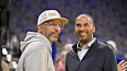 Oct 6, 2025; Fort Worth, Texas, USA; Dallas Mavericks head coach Jason Kidd (left) and general manager Nico Harrison (right) look on before the game against the Oklahoma City Thunder at Dickie's Arena. Mandatory Credit: Jerome Miron-Imagn Images