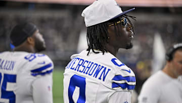 Aug 16, 2025; Arlington, Texas, USA; Dallas Cowboys linebacker DeMarvion Overshown (0) looks on before the game between the Dallas Cowboys and the Baltimore Ravens at AT&T Stadium.