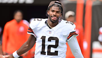 Aug 23, 2025; Cleveland, Ohio, USA; Cleveland Browns quarterback Shedeur Sanders (12) enters the field before the game between the Browns and the Los Angeles Rams at Huntington Bank Field. Mandatory Credit: Ken Blaze-Imagn Images