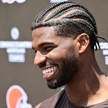 Jun 10, 2025; Berea, OH, USA; Cleveland Browns quarterback Shedeur Sanders (12) talk to the media during minicamp at CrossCountry Mortgage Campus. Mandatory Credit: Ken Blaze-Imagn Images