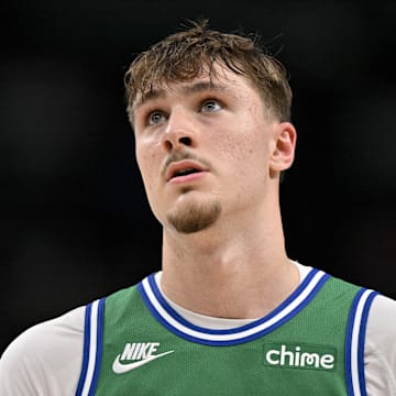 Oct 26, 2025; Dallas, Texas, USA; Dallas Mavericks forward Cooper Flagg (32) looks on during the second half against the Toronto Raptors at the American Airlines Center. Mandatory Credit: Jerome Miron-Imagn Images