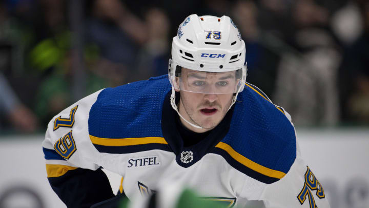 Oct 5, 2023; Dallas, Texas, USA; St. Louis Blues left wing Sammy Blais (79) in action during the game between the Dallas Stars and the St. Louis Blues at the American Airlines Center. Mandatory Credit: Jerome Miron-USA TODAY Sports