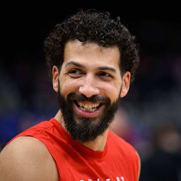 Feb 7, 2025; Washington, District of Columbia, USA; Washington Wizards forward Anthony Gill (16) warms up prior to the game between the Washington Wizards and the Cleveland Cavaliers at Capital One Arena. Mandatory Credit: Reggie Hildred-Imagn Images