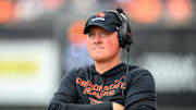 Sep 6, 2025; Corvallis, Oregon, USA; Oregon State Beavers head coach Trent Bray checks the scoreboard during the second quarter against the Fresno State Bulldogs at Reser Stadium. Mandatory Credit: Craig Strobeck-Imagn Images