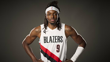 Sep 29, 2025; Portland, OR, USA; Portland Trail Blazers forward Jerami Grant (9) during media day at the Moda Center. Mandatory Credit: Troy Wayrynen-Imagn Images