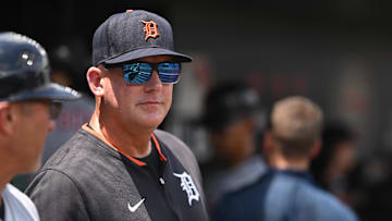 Jul 2, 2025; Washington, District of Columbia, USA; Detroit Tigers manager A.J. Hinch (14) watches a game against the Washington Nationals from the dugout during the first inning at Nationals Park.
