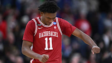 Mar 22, 2025; Providence, RI, USA; Arkansas Razorbacks forward Karter Knox (11) celebrates during the second half of a second round men’s NCAA Tournament game against the St. John's Red Storm at Amica Mutual Pavilion. Mandatory Credit: Brian Fluharty-Imagn Images