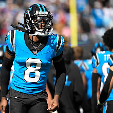 Oct 26, 2025; Charlotte, North Carolina, USA; Carolina Panthers cornerback Jaycee Horn (8) runs on to the field before the game at Bank of America Stadium. Mandatory Credit: Bob Donnan-Imagn Images