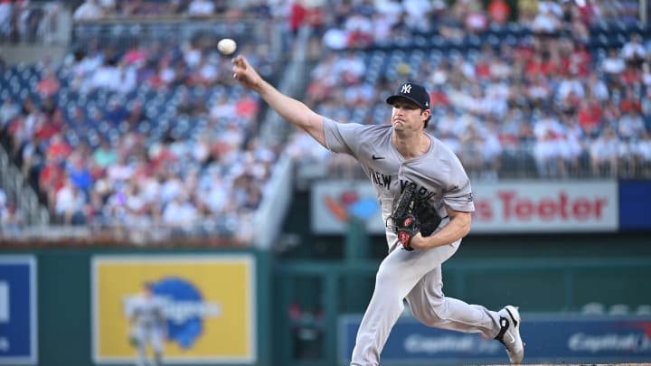 Aug 27, 2024; Washington, District of Columbia, USA; New York Yankees starting pitcher Gerrit Cole (45) throws a pitch against the Washington Nationals during the first inning at Nationals Park.