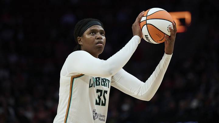 May 14, 2026; Portland, Oregon, USA; New York Liberty center Jonquel Jones (35) shoots free throws during the second half against the Portland Fire at Moda Center. Mandatory Credit: Troy Wayrynen-Imagn Images
