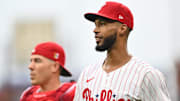Aug 17, 2024; Philadelphia, Pennsylvania, USA; Philadelphia Phillies starting pitcher Cristopher Sanchez (61) enters the field before the game against the Washington Nationals at Citizens Bank Park