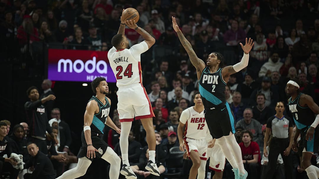 Jan 22, 2026; Portland, Oregon, USA; Miami Heat guard Norman Powell (24) shoots a jump shot during the first half against Portland Trail Blazers guard Caleb Love (2) at Moda Center. Mandatory Credit: Troy Wayrynen-Imagn Images Jan 22, 2026; Portland, Oregon, USA; Miami Heat guard Norman Powell (24) shoots a jump shot during the first half against Portland Trail Blazers guard Caleb Love (2) at Moda Center. Mandatory Credit: Troy Wayrynen-Imagn Images