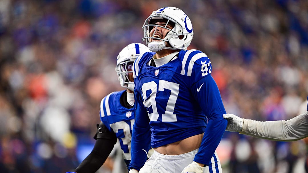 Sep 22, 2024; Indianapolis, Indiana, USA; Indianapolis Colts defensive end Laiatu Latu (97) celebrates a sack during the second half against the Chicago Bears at Lucas Oil Stadium. Mandatory Credit: Marc Lebryk-Imagn Images


