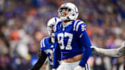 Sep 22, 2024; Indianapolis, Indiana, USA; Indianapolis Colts defensive end Laiatu Latu (97) celebrates a sack during the second half against the Chicago Bears at Lucas Oil Stadium. Mandatory Credit: Marc Lebryk-Imagn Images

