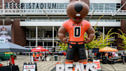 Sep 6, 2025; Corvallis, Oregon, USA; Oregon State Beavers mascot Benny Beaver Photo Booth on the concourse at Reser Stadium before the game against the Fresno State Bulldogs. Mandatory Credit: Craig Strobeck-Imagn Images