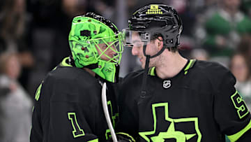 Feb 2, 2025; Dallas, Texas, USA; Dallas Stars goaltender Casey DeSmith (1) and center Wyatt Johnston (53) celebrate after the Stars defeat the Columbus Blue Jackets at the American Airlines Center. Mandatory Credit: Jerome Miron-Imagn Images