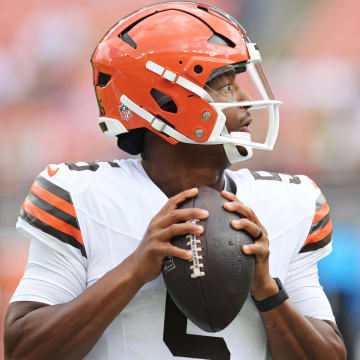 Aug 10, 2024; Cleveland, Ohio, USA; Cleveland Browns quarterback Jameis Winston (5) before the game against the Green Bay Packers at Cleveland Browns Stadium.