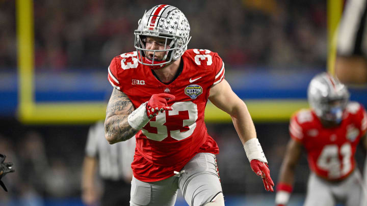 Dec 29, 2023; Arlington, TX, USA; Ohio State Buckeyes defensive end Jack Sawyer (33) in action during the game between the Ohio State Buckeyes and the Missouri Tigers at AT&T Stadium. Mandatory Credit: Jerome Miron-USA TODAY Sports